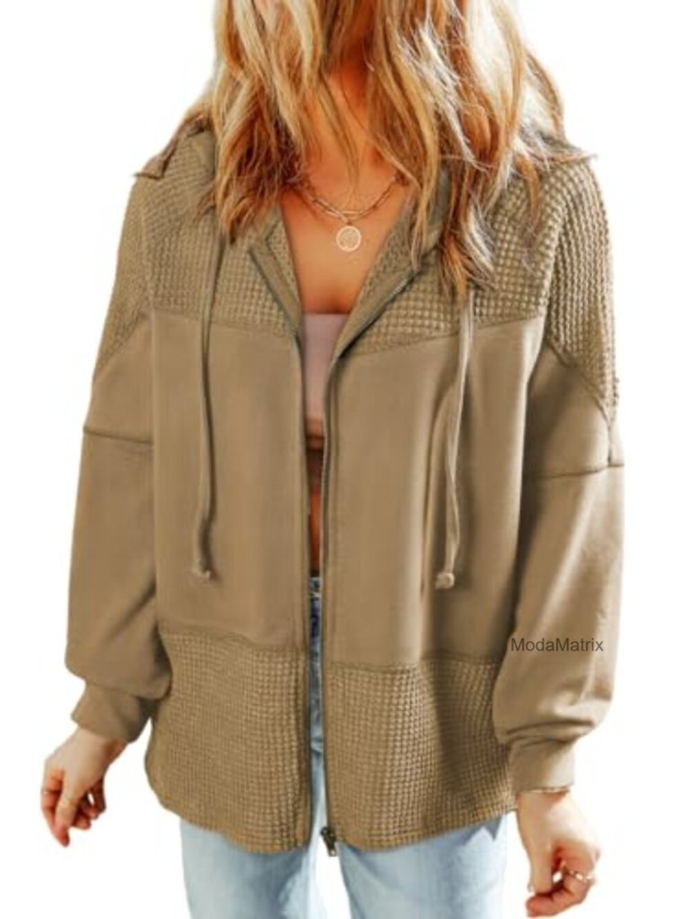 Waffle Knit Zip Up Hoodie Lightweight Drawstring Jacket Womens